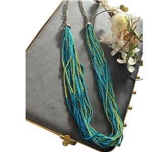 Boho Turquoise Multi Strand Seed Bead Statement Necklace Teal Lime 32"